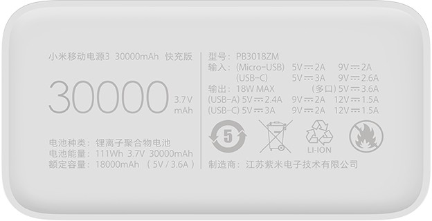 Внешний аккумулятор Xiaomi Mi Power Bank 3 30000 mah PB3018ZM, белый фото 5